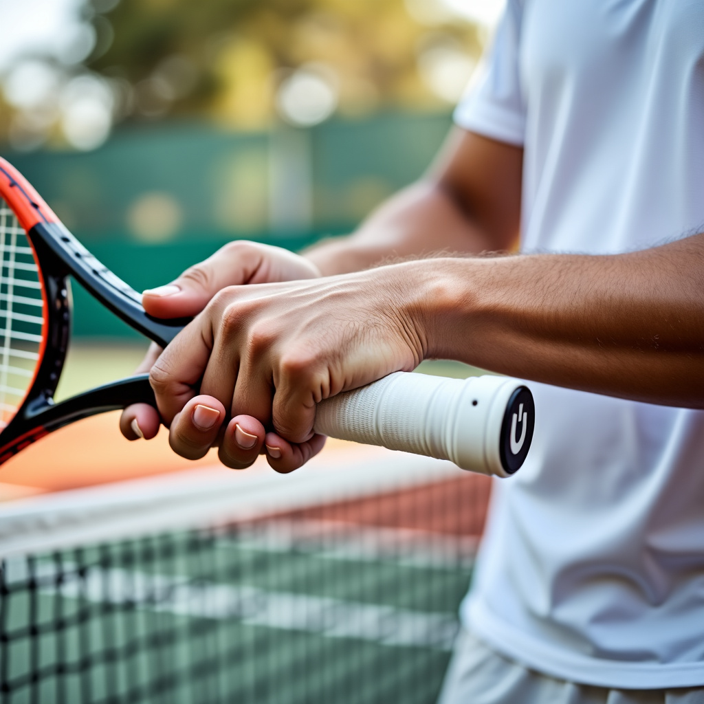 Close-up of proper tennis grip technique